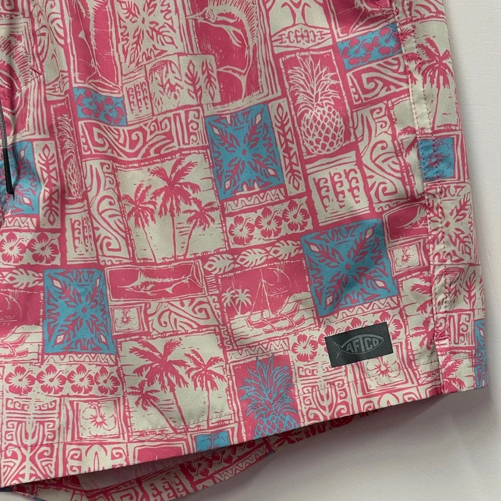 AFTCO Pink and Blue Tropical Swim Shorts L